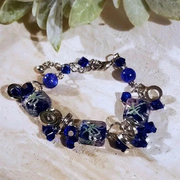 Vintage Murano Glass Beads Blue Silver Charm Bracelet PD 1178-BL C - Picture 5 of 7